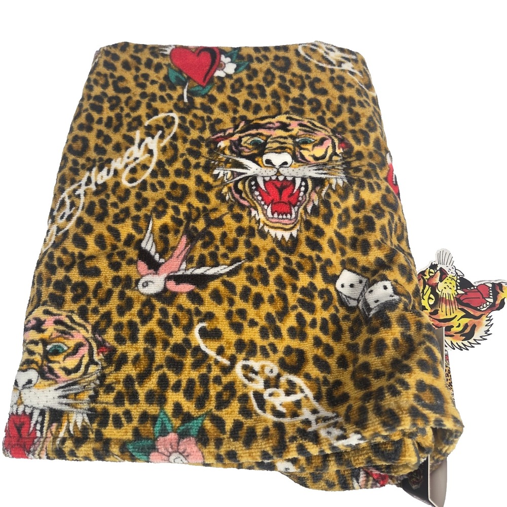 Ed Hardy Tiger Leopard Bath Towel 28x52 Cotton Tattoo Print Y2K NWT